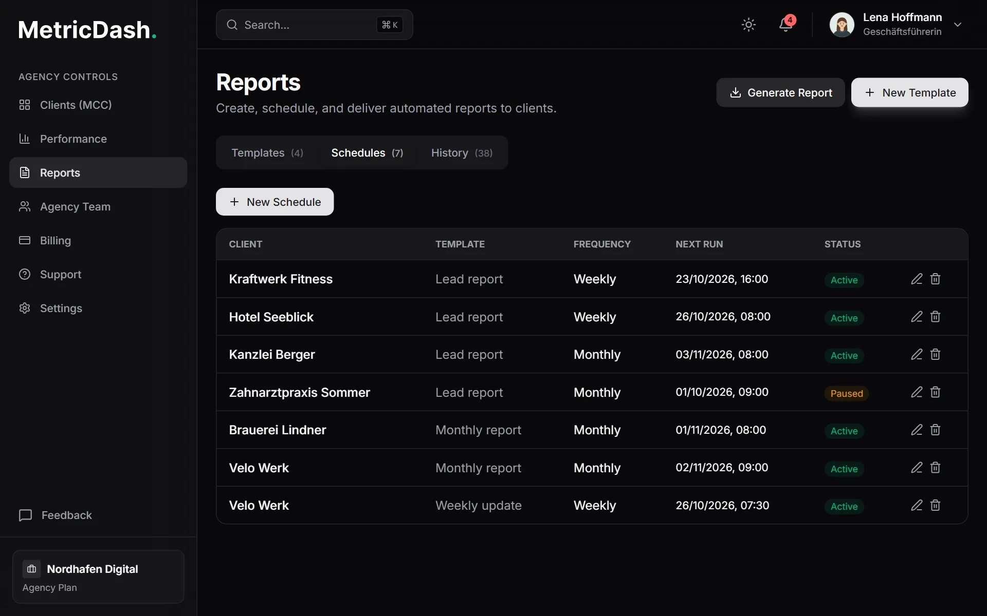 MetricDash reports: schedules for automatic reports with client, template, frequency, next run and status