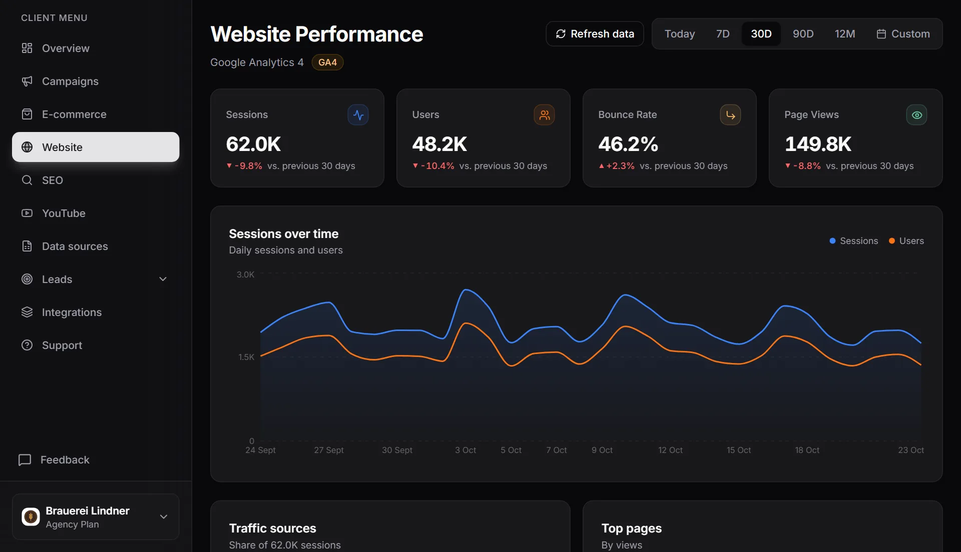 Website view in the MetricDash client portal: sessions, users, bounce rate and page views from Google Analytics 4 with the trend of the last 30 days