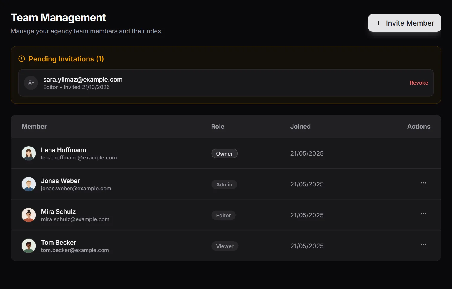 Team management in MetricDash with the roles owner, admin, editor and viewer
