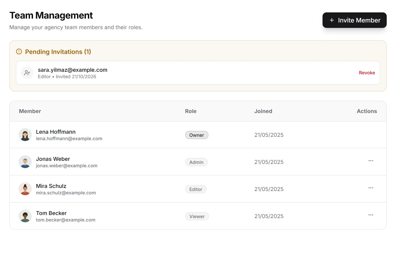 Team management in MetricDash with the roles owner, admin, editor and viewer