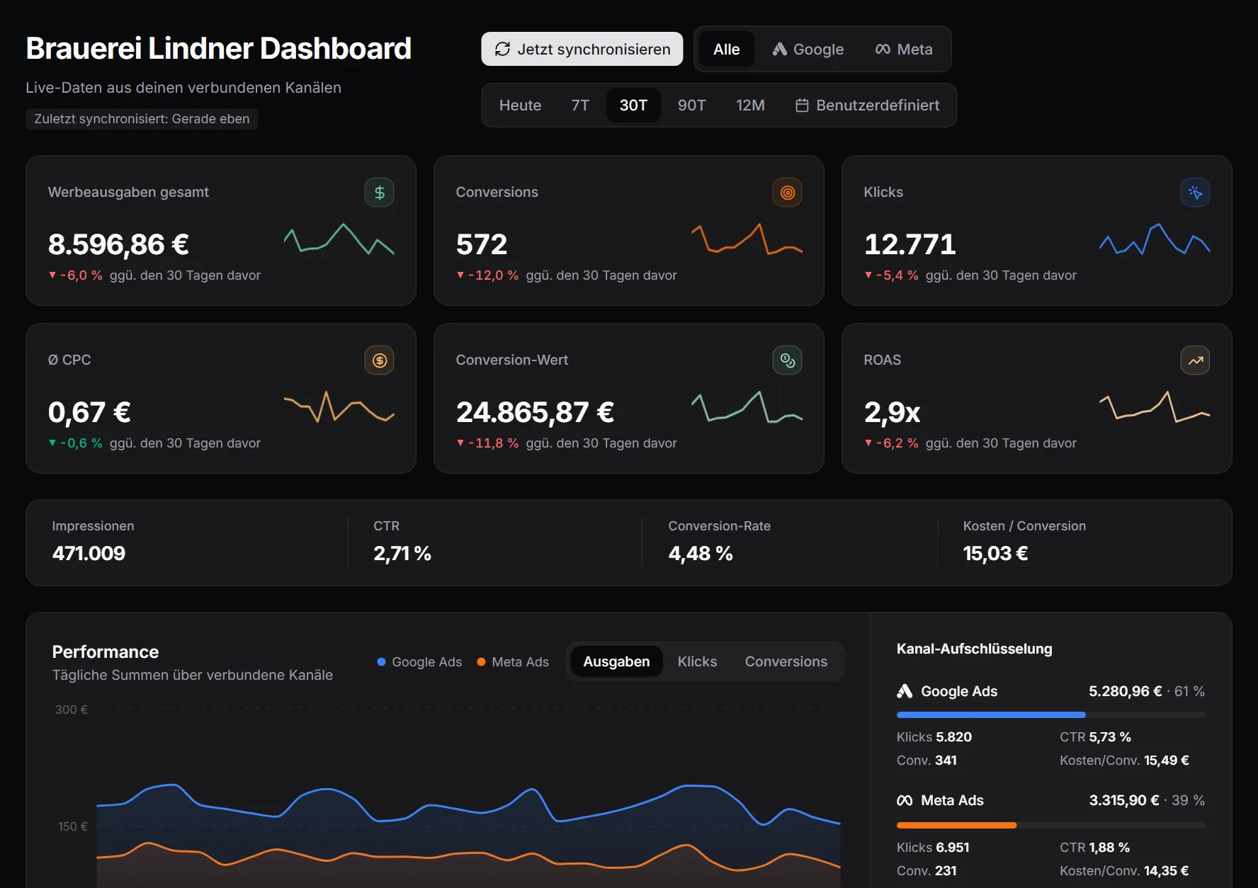 Kundenportal von MetricDash: Dashboard eines Beispielkunden mit Ausgaben, Conversions, ROAS und Kanal-Aufschlüsselung