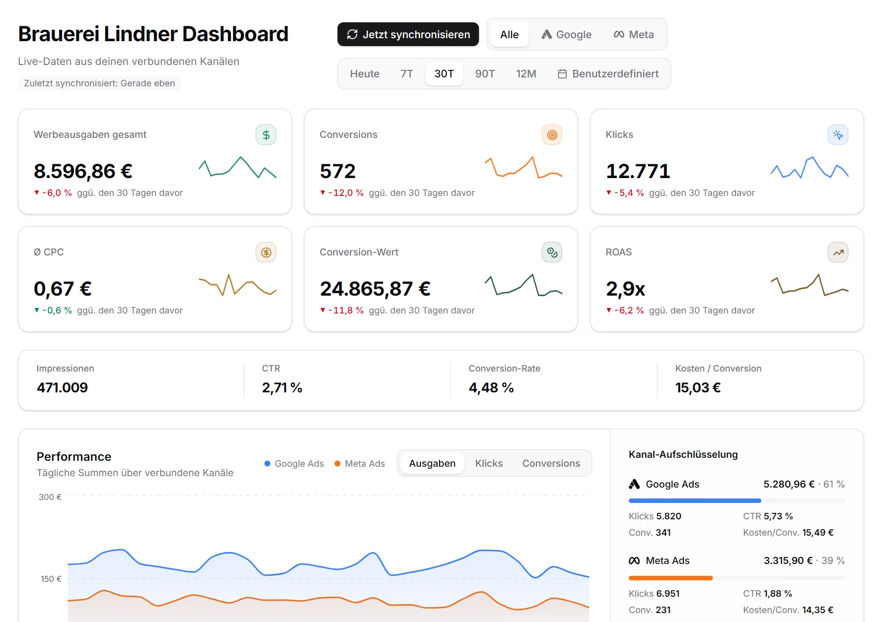 Kundenportal von MetricDash: Dashboard eines Beispielkunden mit Ausgaben, Conversions, ROAS und Kanal-Aufschlüsselung