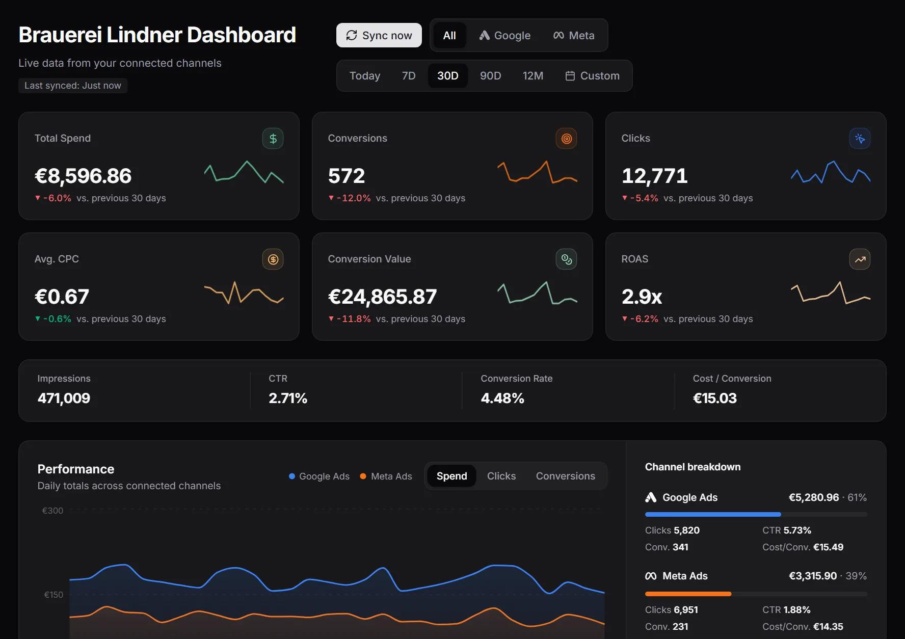 MetricDash client portal: dashboard of a sample client with spend, conversions, ROAS and channel breakdown
